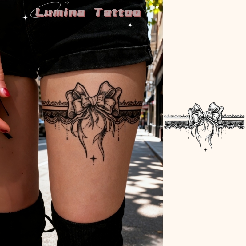 Long-Lasting Lace Bow * Thigh Tattoo - Temporary Body Art Suitable for Halloween, Christmas Parties | * & Remove, Detailed Lace * Removable for Events, Parties, Festivals Long-Lasting Lace Bow * Thigh Tattoo - Temporary Body Art Suitable for Halloween, Christmas Parties | * & Remove, Detailed Lace * Removable for Events, Parties, Festivals