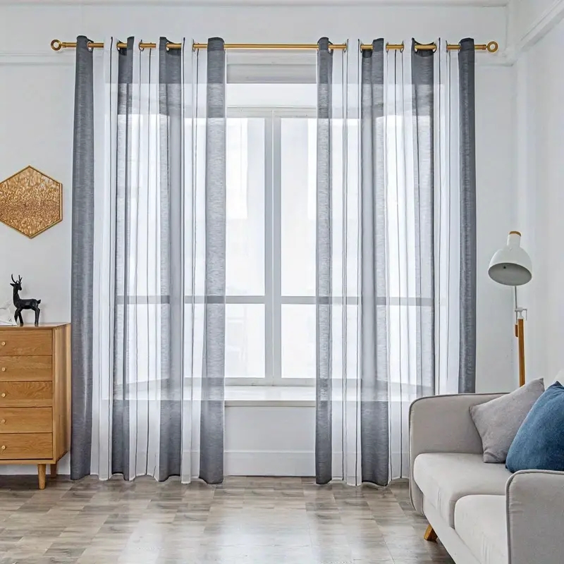 Image of 4pcs Grey Striped Tulle Curtains Grommet Top Window Drapes Suitable For Living Room Bedroom, Semi-sheer Filtering, Machine Washable / Blinds With Eyelet For Modern & Room Decor