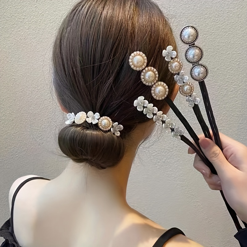 

4pcs Hair Styling Kit: Pearl & Flower Decorative Clips, Twist Bun Maker - Diy Hairstyles & Use