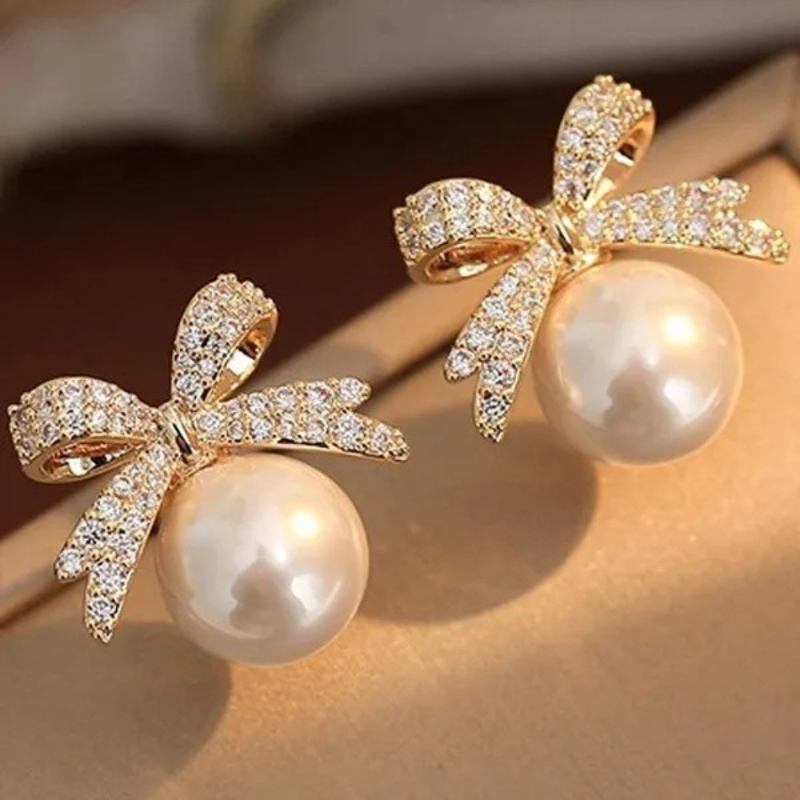 Image of Elegant Sparkling Inlay Synthetic Zirconia Bow Earrings For Women Weddings Banquets High-end Jewelry Vacation Accessories Valentine's Day Gifts
