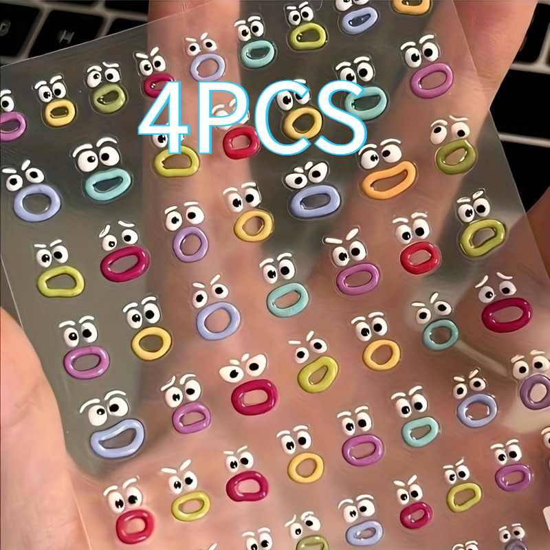 TEMU 4pcs Stickers Amusants pour Nail Art - Autocollants 3D Mignons en Gelée pour Scrapbook, Texture Mate avec Accents de Paillettes, Auto-Adhésifs