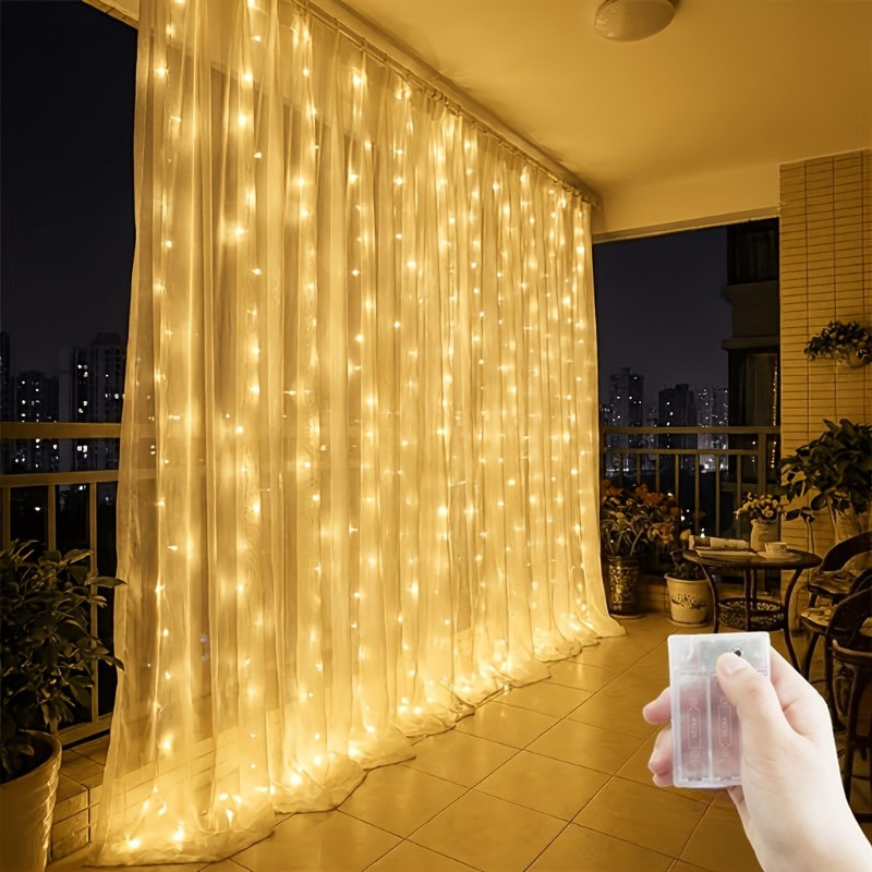 TEMU Guirlande Lumineuse LED Rideau 10x10ft, Blanc Chaud à Suspendre à avec 8 , à Piles, Décoration pour Noël, Halloween, Mariage, Fête, Intérieur et