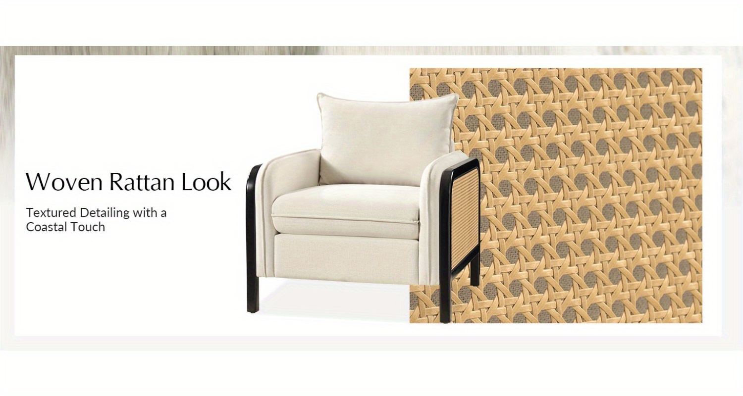 Modern Woven Rattan Accent Chair with Wooden Armrests & Legs - Detachable Cushion, Upholstered Seat, Natural Brown Finish for Living Room, Bedroom, or Makeup Room - Easy Assembly, Durable Polyurethane & Hardwood Construction, Bedroom Seating, Elegant Seating Option, Sturdy Construction, Home Decor Lovers