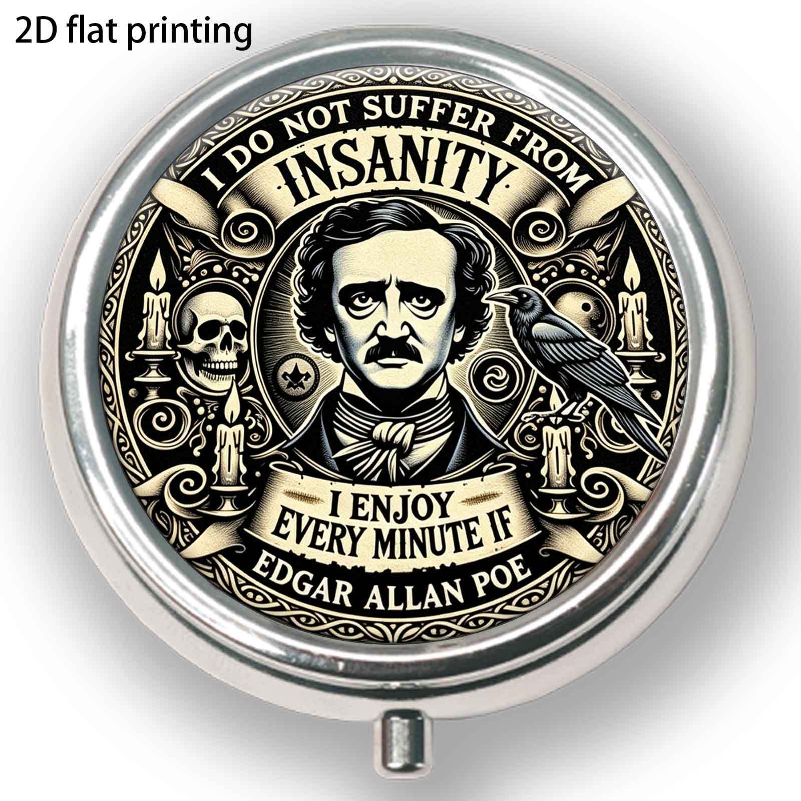 TEMU 1pc, 2d Flat, Edgar Poe Vintage Crow Dark Literature Slogan Pattern, Round Three-compartment Small Pill Box, Portable Medicine Storage, Small