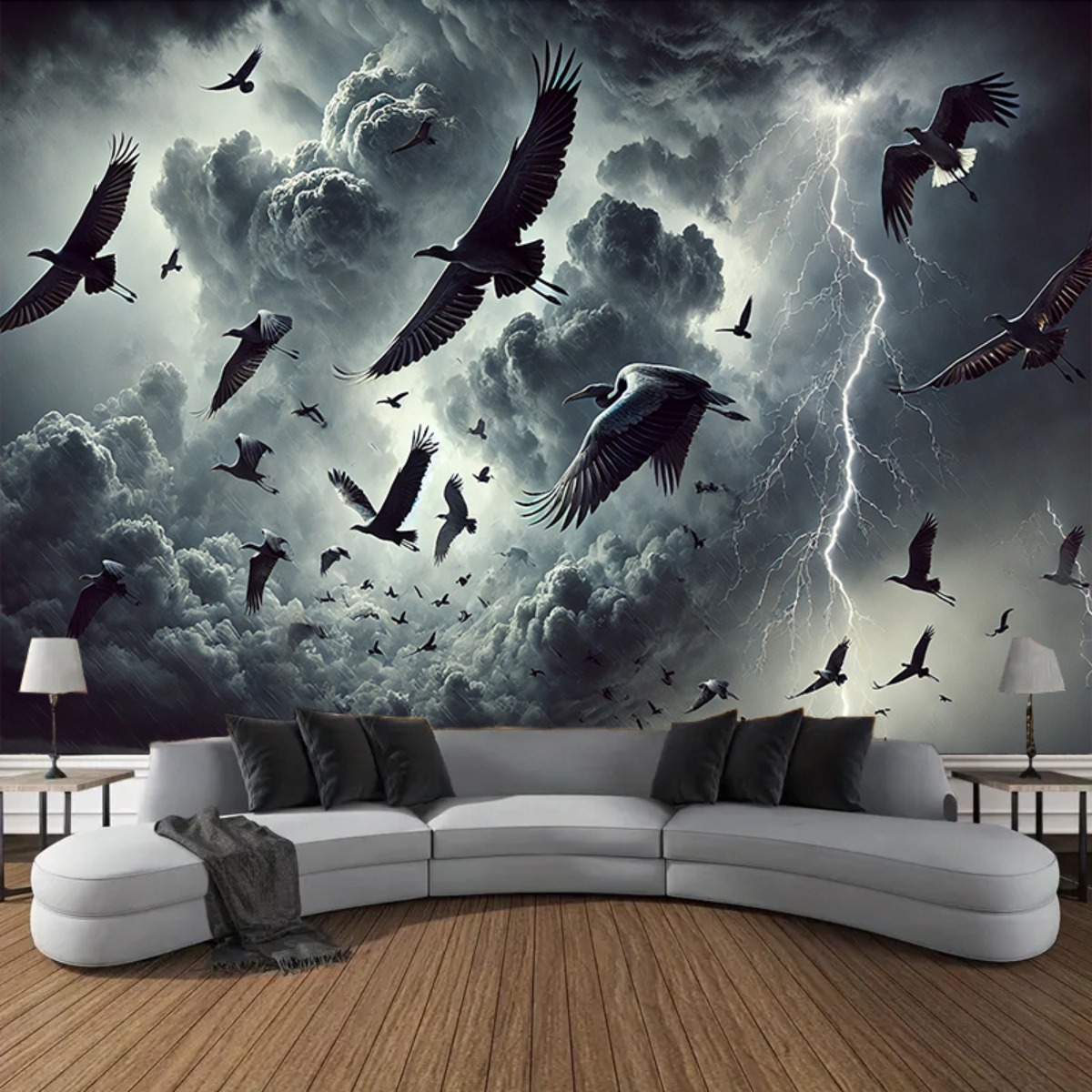 Large Fabric Wall Tapestry Storm Birds Thunderclouds Lightning_voghion.com