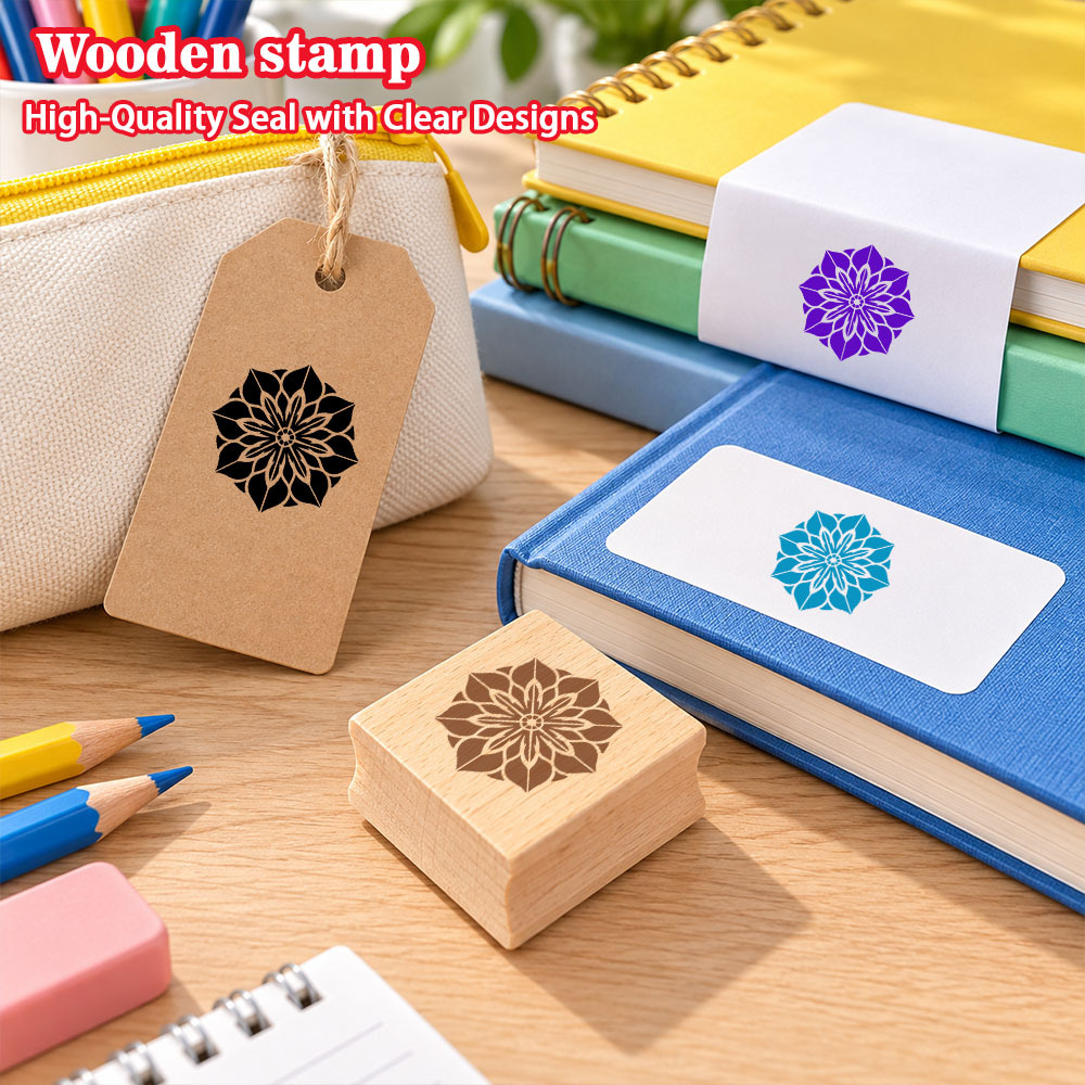 Fashion Eight-Directional Geometric Floral Square Wooden Rubber Stamp