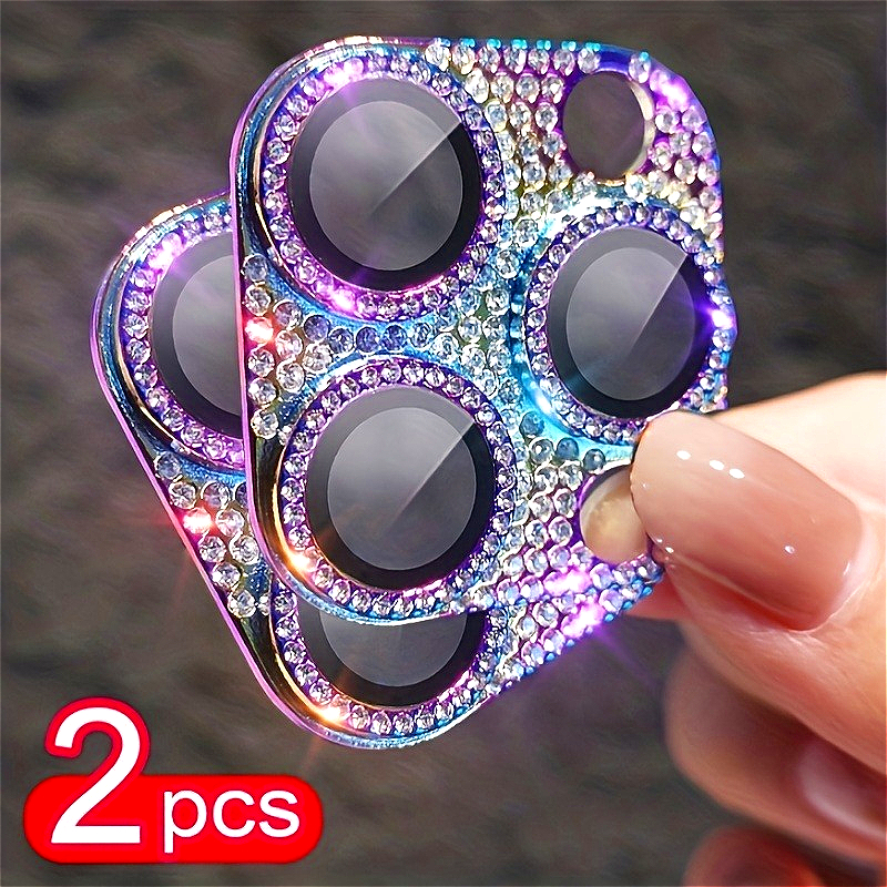 TEMU 2pcs Water Diamond Camera Lens Protective Cover For Iphone 16/16 Pro Max/15 Pro Max/15/14 Plus/16 Pro/14 Pro, Water Diamond Flash, Fashionable