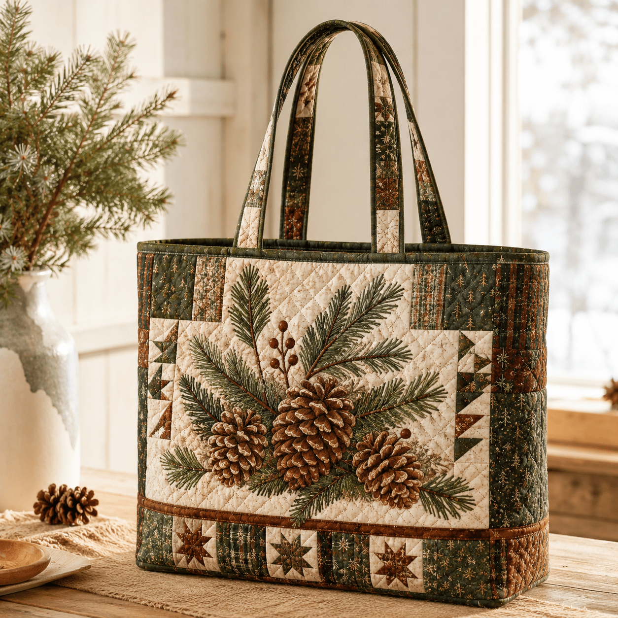 Image of 17*15inchquilted Duffle Bag For Women Featuring Pinecones, Evergreen Branches, And Rustic Winter Artwork.