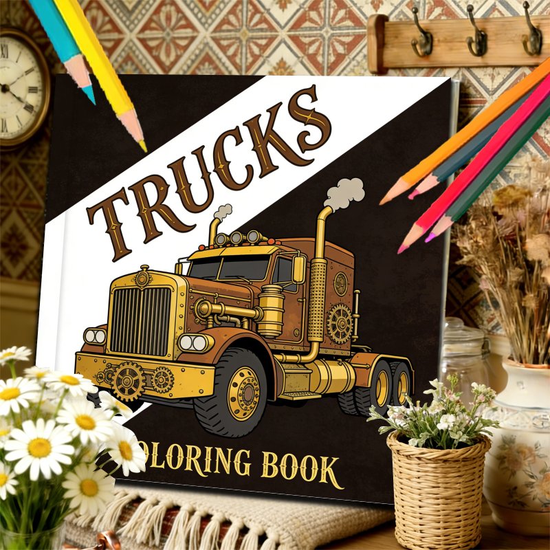 TEMU Yao Livre de coloriage pour adultes : Livre de coloriage de camions de 24 pages, idéal pour soulager le stress et se détendre corps et esprit,