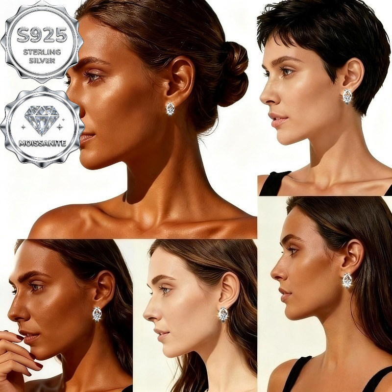 TEMU 1 Paire de Boucles d'Oreilles Élégantes en Argent Sterling 925 avec Moissanite, Pierres de du Mai, Style de Luxe pour Femmes, Bijoux de Mariage