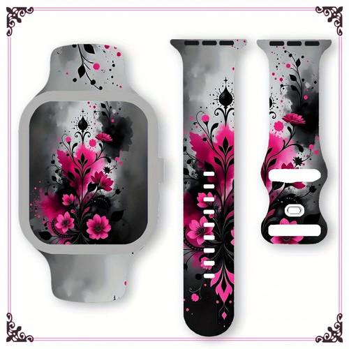 Apple Watch Band | Silicone Black Powder Floral Art Print | Soft And Comfortable | Suitable for Iwatch Models 1/2/3/4/5/6/7/Se in Sizes 38/40/41/42/44/45/49Mm | Unisex | Perfect Gift for Holidays, Birthdays, And Back to School