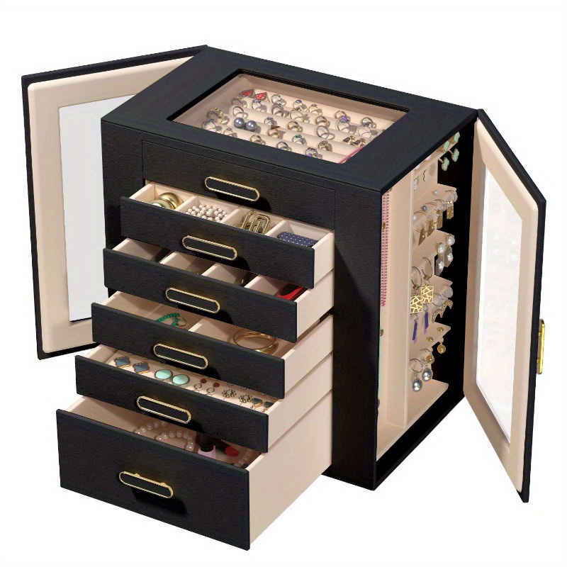 boho chic 6 tier multifunctional   leather jewelry box with clear drawers open shelves large capacity organizer for earrings necklaces bracelets watches elegant gift for women girls christmas valentines day birthdays graduation Product details 6