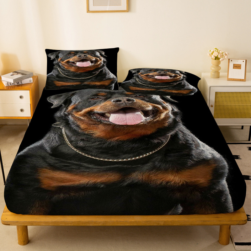 TEMU A Happy Rottweiler Dog Wearing A Necklace Design Bed Cover, An Independent Deep Cover, Fully Wrapped Non-slip Mattress Protector, Suitable For