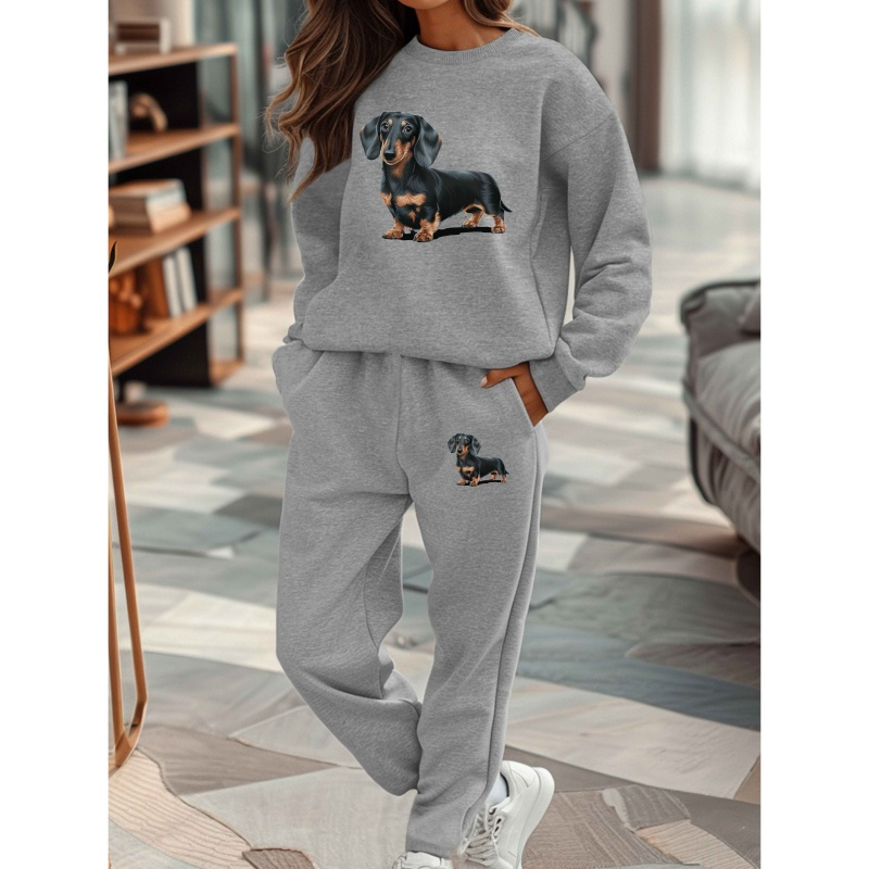 

Adorable Cartoon-style Sweatshirt And Sweatpants Set Featuring A Dachshund Dog For Women.