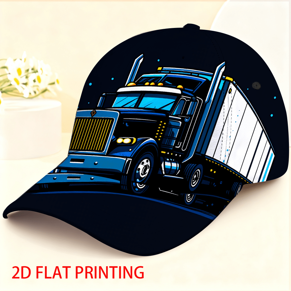 TEMU Adjustable Sun Hat With 2d Flat Truck Pattern - Lightweight Breathable Windproof Visor, Snap Closure & Suitable For Hiking, Cycling, Running,
