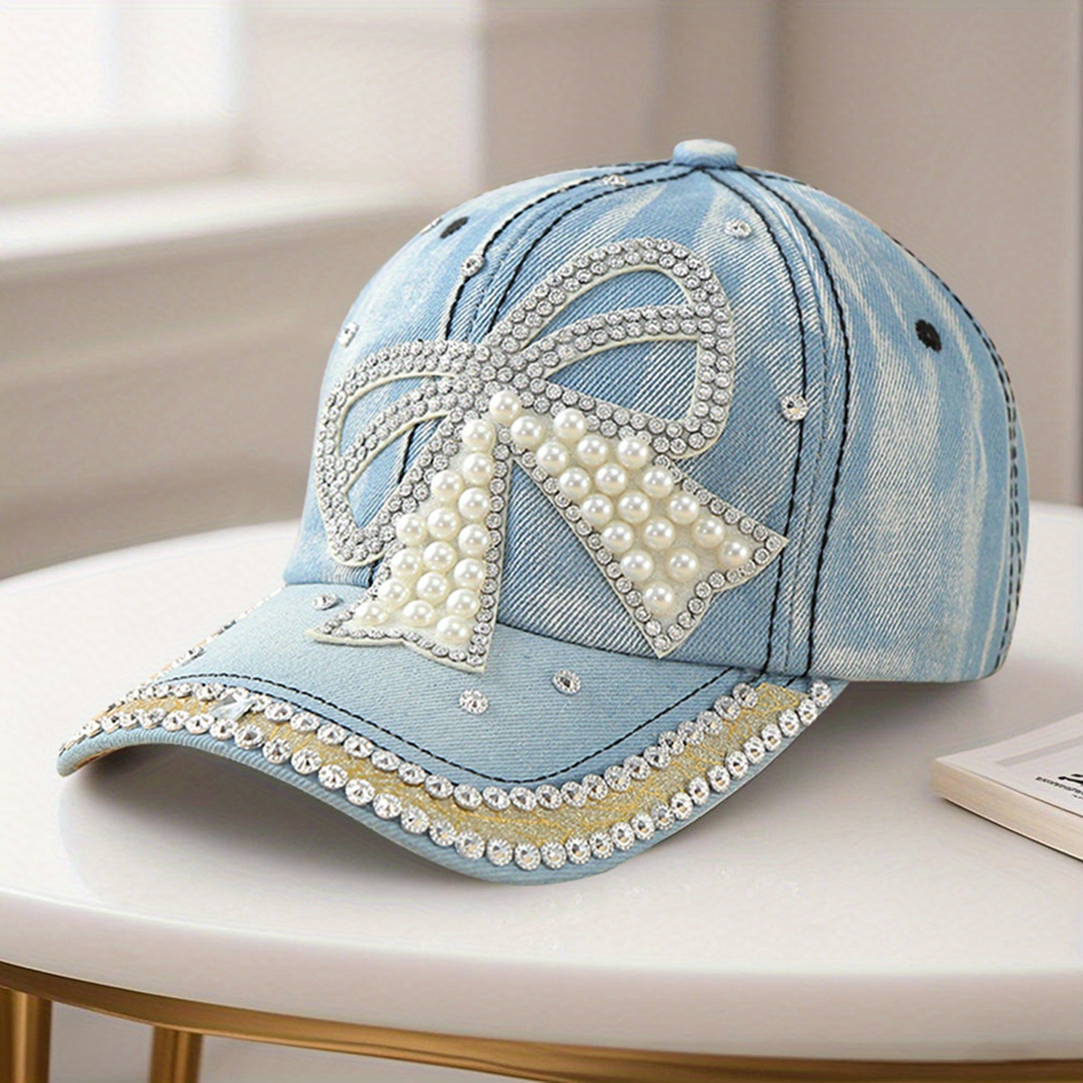 women baseball cap pearls rhinestones bow adjustable hat - Temu