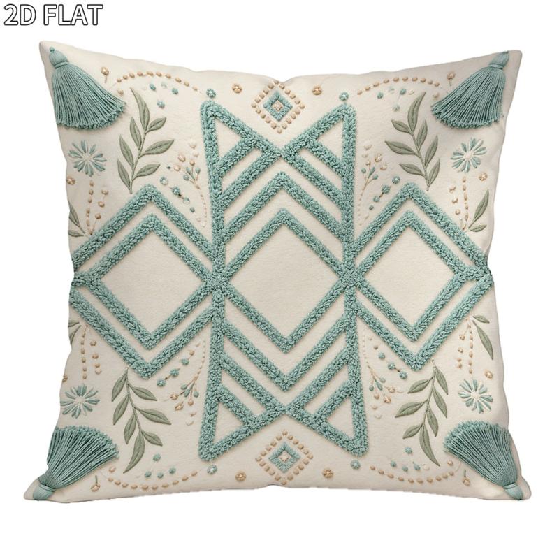 TEMU Bohemian Style Decorative Pillow Cover, 1pc 18x18 Inches, With Light Turquoise Geometric & Floral Embroidery, Light Brown Dot Embellishments, 4