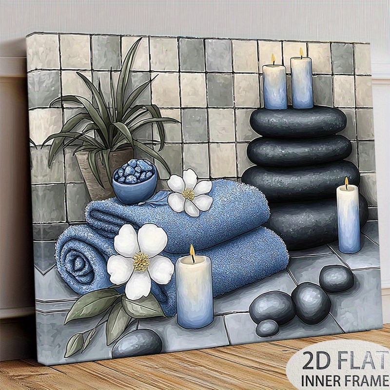 TEMU 2d Flat, 2d Flat, A Single Piece Of 2d Flat Artwork Featuring A Spa-inspired Scene With Blue Towels, Candles, Stones, And Flowers, Framed In