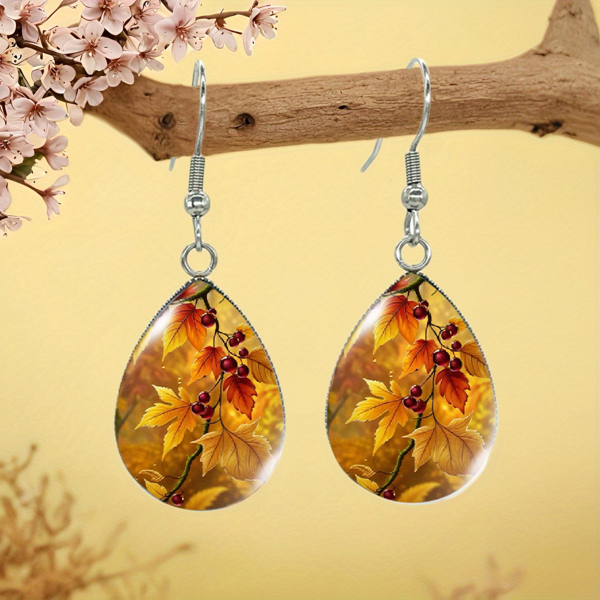 Autumn Branches And Fruits Illustration Drop Earrings Glass Jewelry Gift, Without Battery