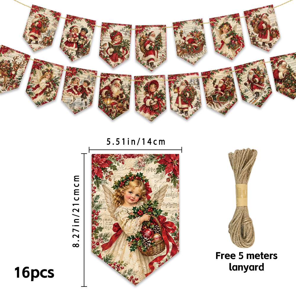 TEMU 16pcs, Retro Victorian Christmas Banners, Musical Score Santa Tail Tassel Flags Holiday Banners, Christmas Party Background Decorations, Tail