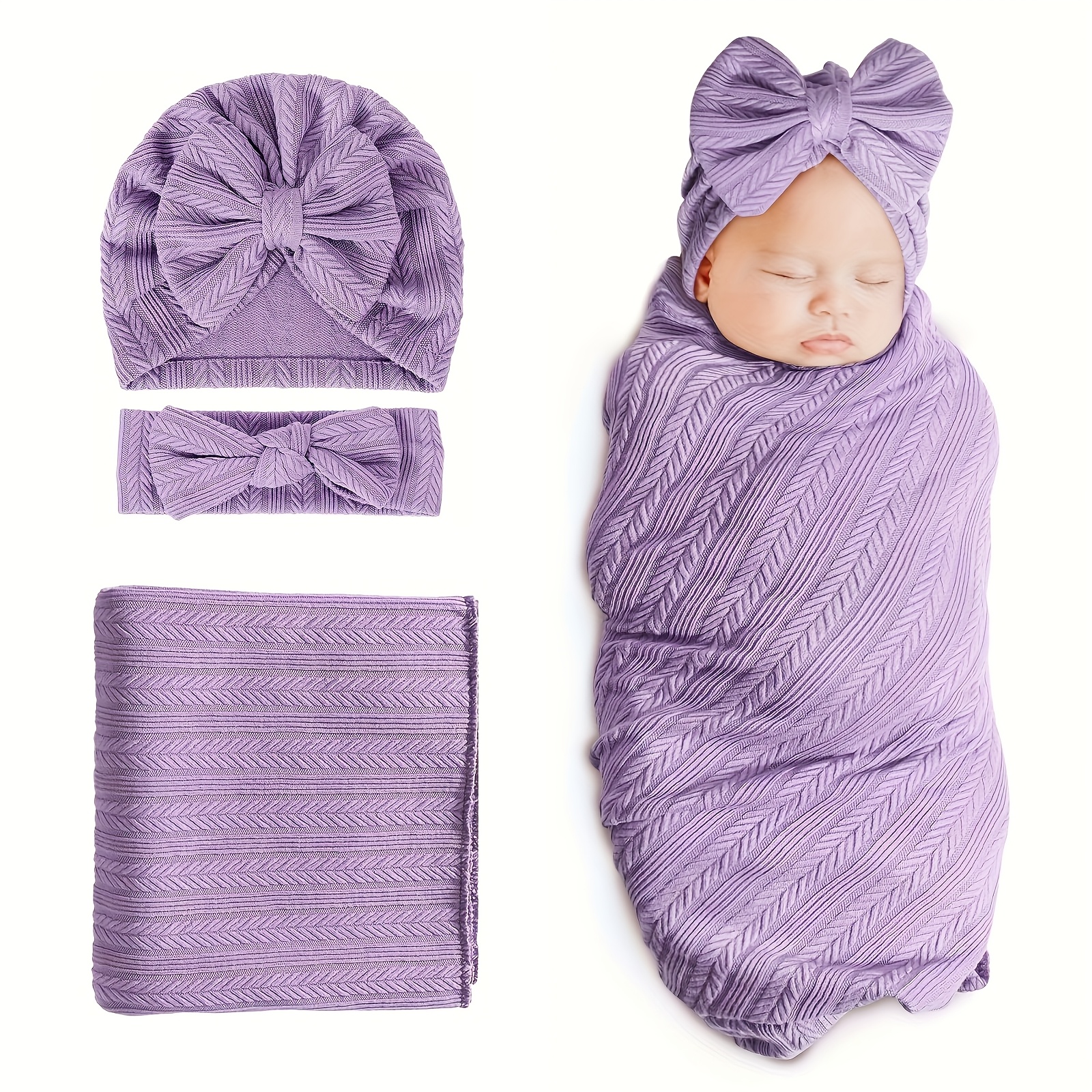 Image of 3pcs Soft And Light Beige-friendly Texture Baby Swaddle Blankets For Girls Boys, Newborn Additions Set With Matching Hat And Bow Headband, Suitable For All