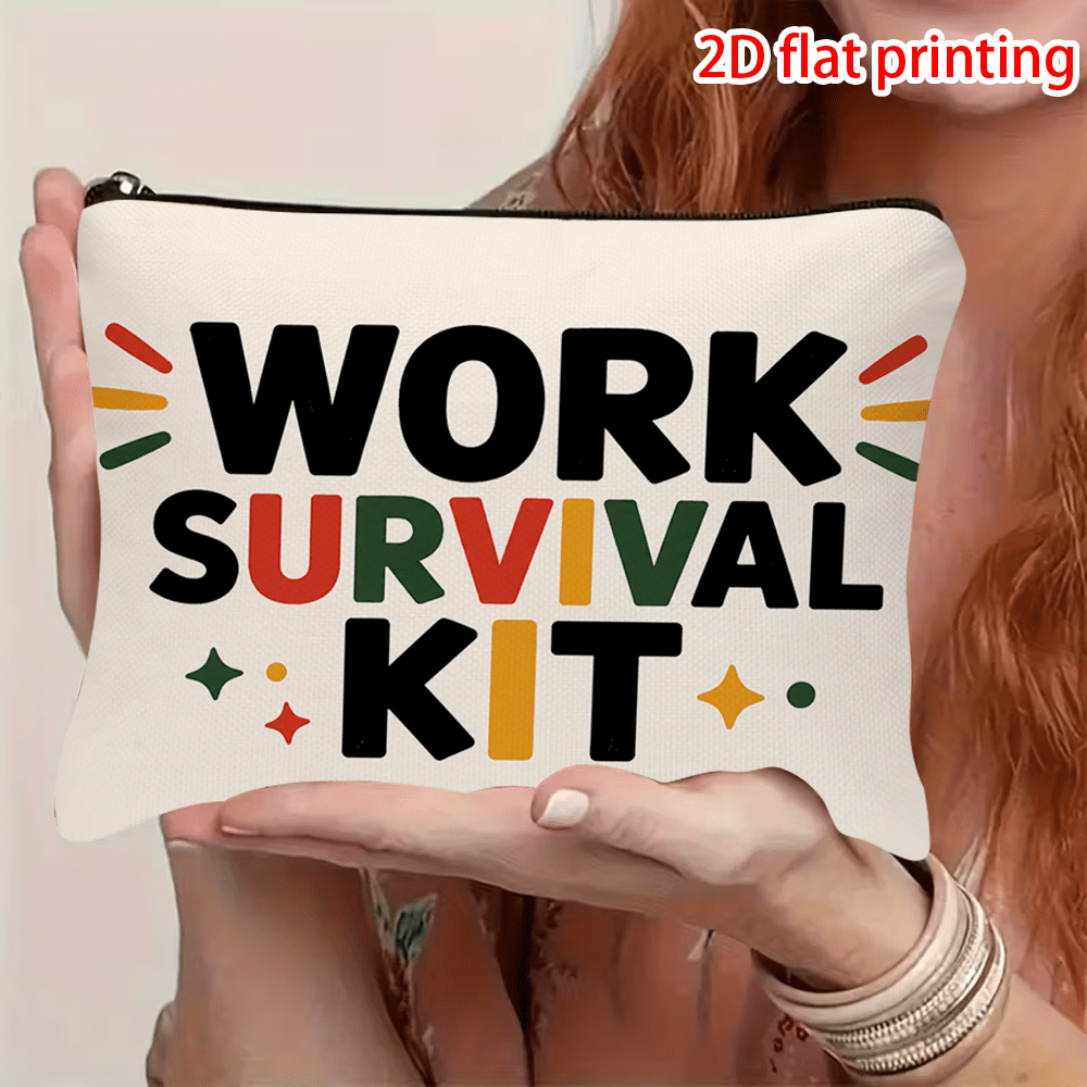 TEMU 1 stuks 2D Platte Print Rits Zak Etui Cosmetische Tas Wit "WORK SURVIVAL KIT" Slogan Kleurrijke Typografie Decoratieve Lijnen Stippen Grappig