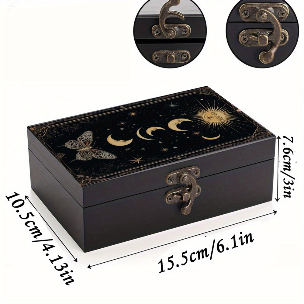 Decorative Black Wooden Box, Featuring A Celestial Design With The Sun, Moon, And , Perfect For Halloween Home Decoration