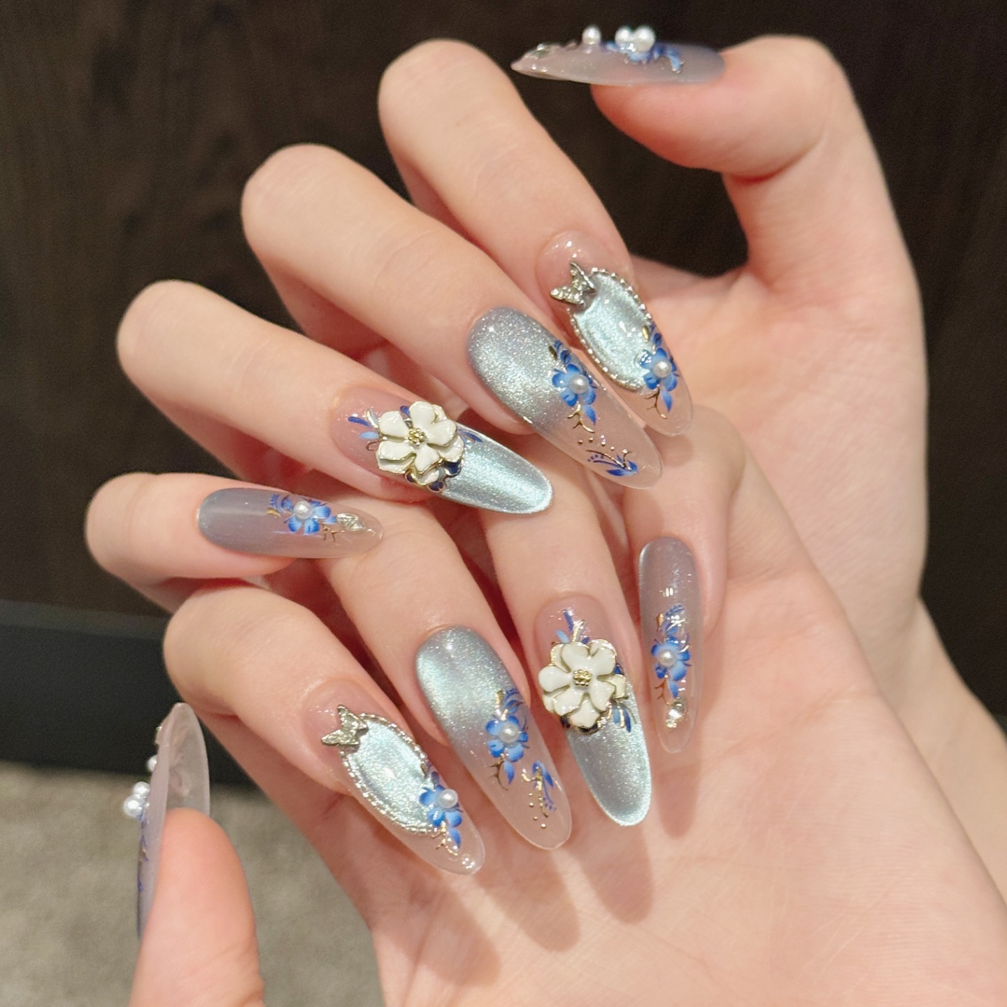 TEMU 10pcs Handmade Press-on Nail Set 3128# White Glaze Blue And White Porcelain Pattern, Fully Handcrafted Press-on Fake Nails, Long Oval Shape, And