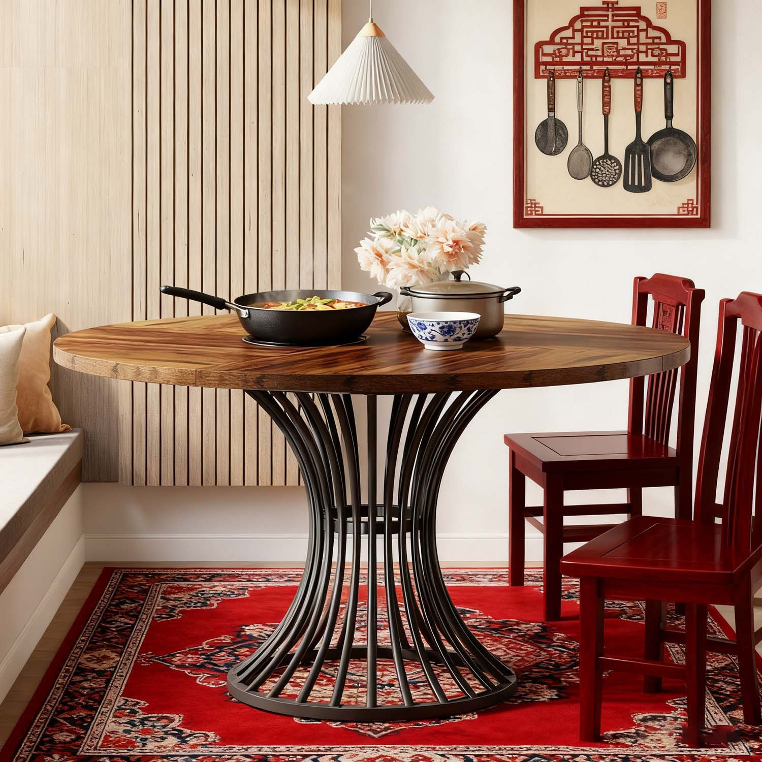 47 Inch Farmhouse Round Dining Table For 4-6 People - Rustic Black And Table With Sturdy Industrial Metal Base - Ideal Christmas Holiday Dinner Table For Family Gatherings - Only Table 1pc