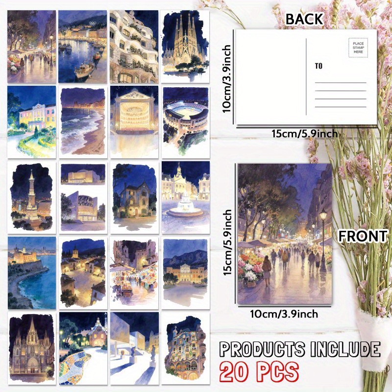 TEMU Set de 20 postales de acuarela con nocturnas y icónicas de Barcelona, perfectas para cualquier ocasión. Un regalo para expresar felicitaciones o