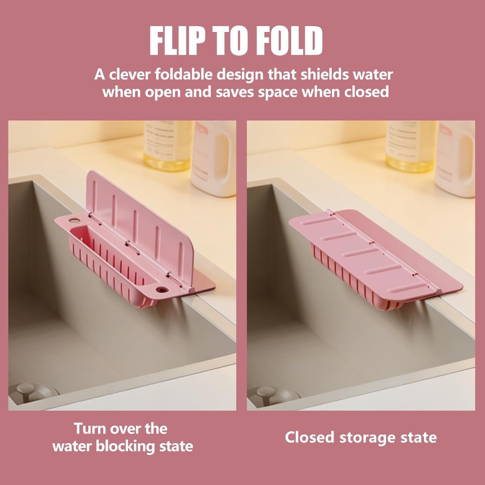 2pcs 13 9 inch foldable kitchen sink splash guard with suction cups storage design for cleaning tools easy to clean for kitchen bathroom pink Product details 5