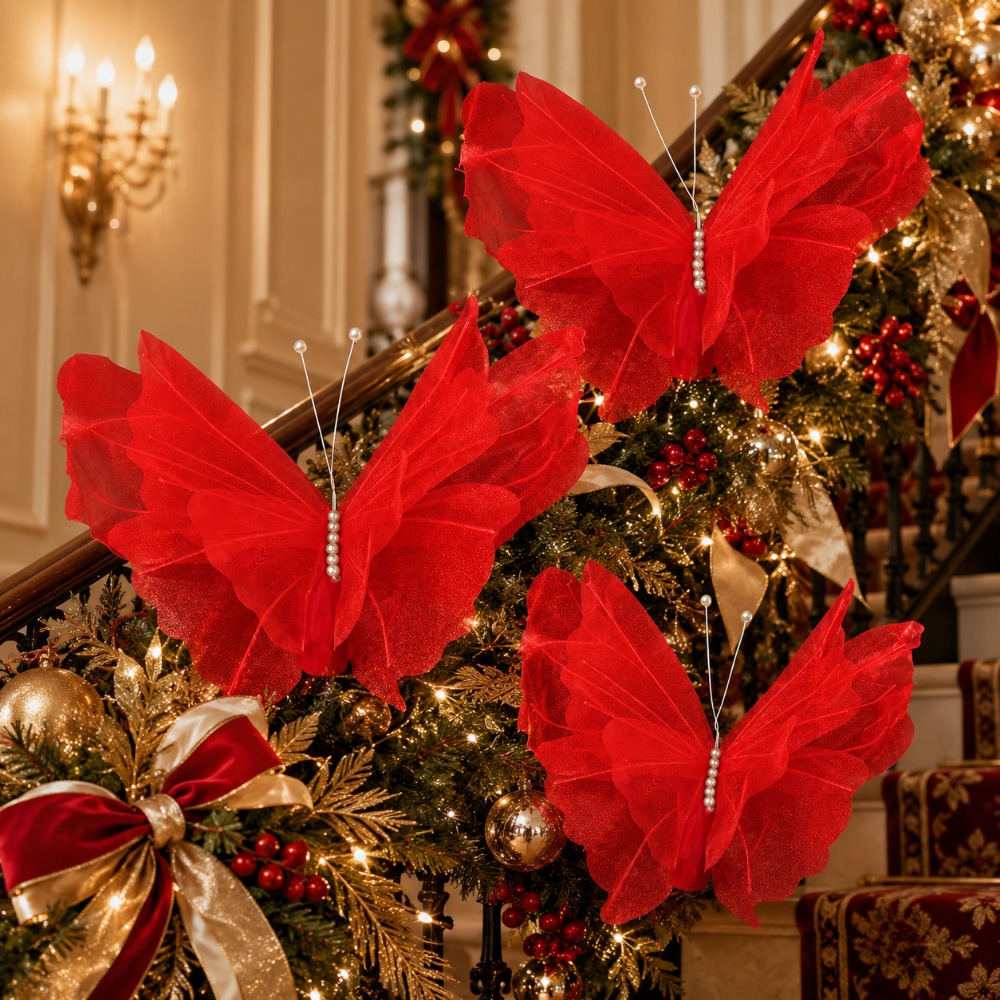 TEMU Lot de 3 grands ornements papillons rouges suspendus pour sapin de Noël, mariage, décorations - Papillons élégants 3D simulés laser avec ailes