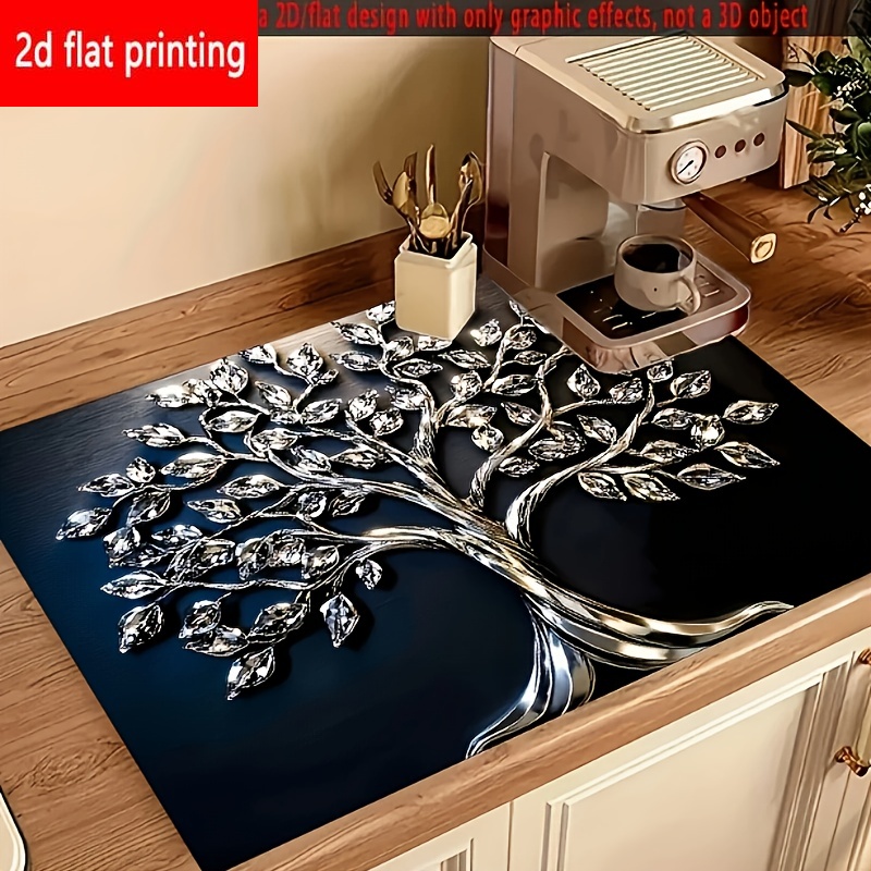 TEMU 2d Flat Printing, 1pc, Life Tree Pattern Absorbent Placemat, Background With Silvery Life , Non-slip Rubber Bottom, Suitable For Kitchen Stoves,