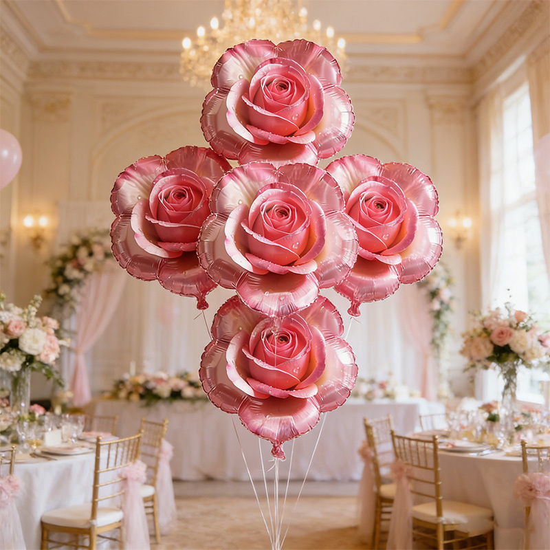 Image of 6pcs Set, Including 5 18-inch Rose Foil Balloons And 1 Roll Of Ribbon, Perfect For Party Decorations. Suitable For Weddings, Proposals, Birthdays, Anniversaries, , Summer Parties, And Balloon Parties