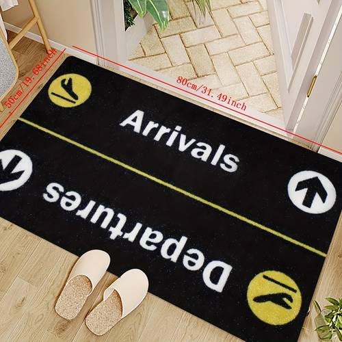 1pc airplane and themed doormat machine washable black with yellow schedule suitable as entryway mat or decorative piece in bathroom kitchen bedrooms laundry room home decor seasonal decoration aviation theme durable fabric indoor mat aviation enthusiasts holiday
