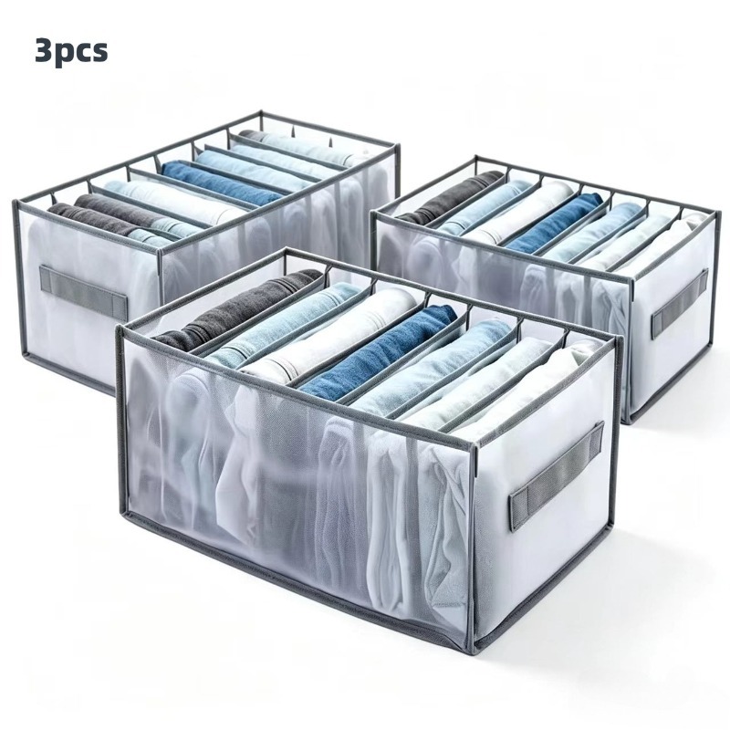 TEMU 3pcs 7-grid Premium Fabric Closet Storage Boxes With Handles, Foldable Drawer Organizers, Transparent Mesh Design, Space-saving, Closet
