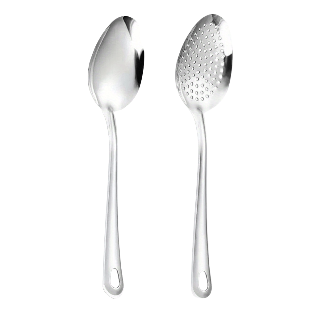 Image of 2pcs/set Stainless Steel Spoon, Silvery Spoon, Colander, Slotted Spoon, High Quality Scoop, Dessert Fruit Snack Spoons, For Home Kitchen Restaurant Hotel, Kitchen Supplies