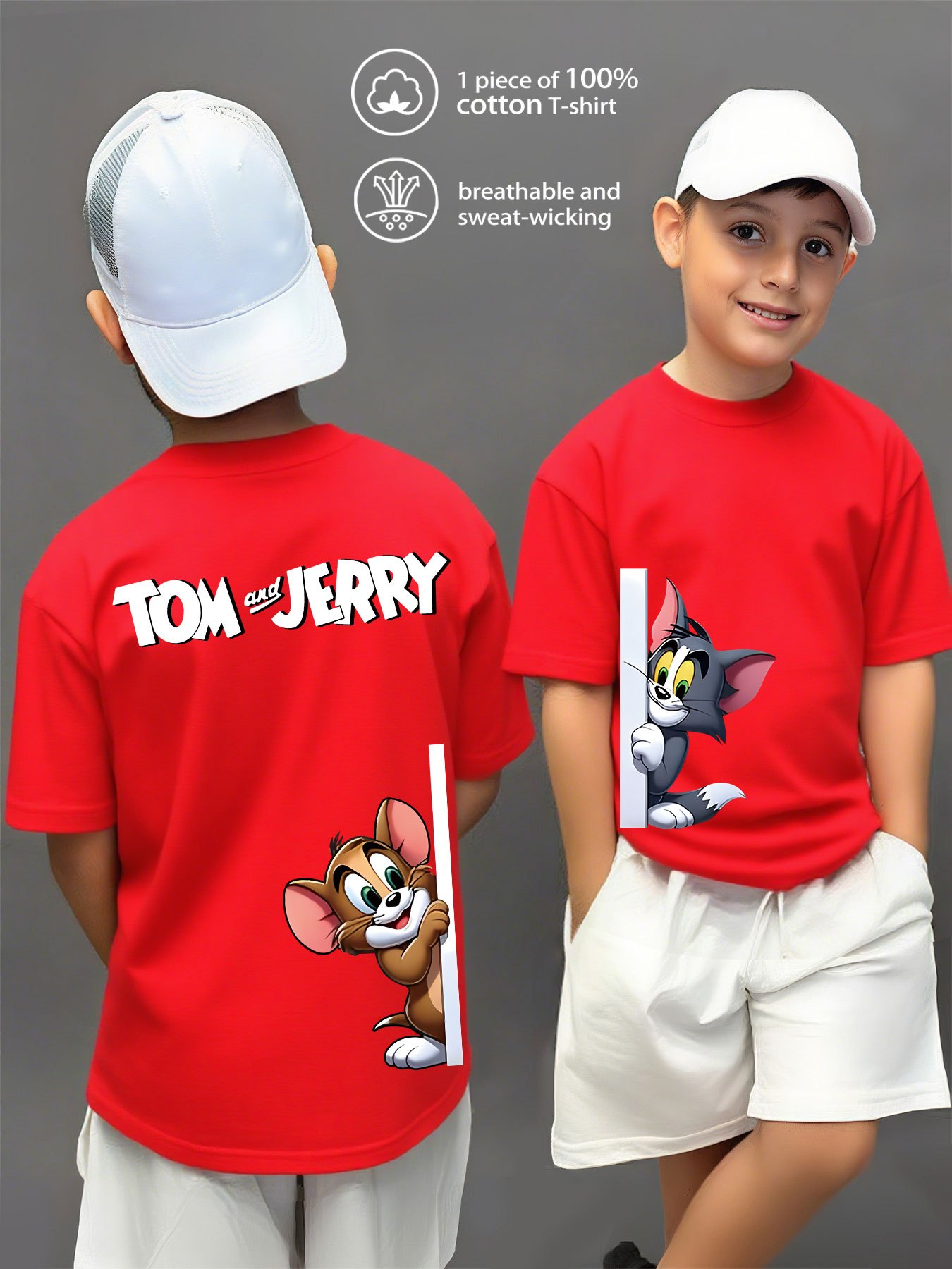 100% Pure Knitted Short-Sleeve T-Shirt, Breathable And Sweat-Absorbing, a Casual And Versatile Round-Neck Short-Sleeve Top for Boys, Featuring a Cute TOM And JERRY Cartoon Print, Machine Washable - Available in 10 Options, Sweat-Resistant