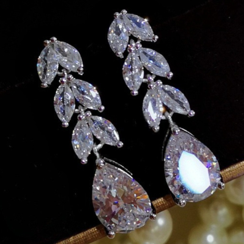 TEMU Orecchini pendenti con a marquise e zirconi sintetici lucidi a di foglie per donna, eleganti, qualit�, dal raffinato, per matrimoni, , feste,