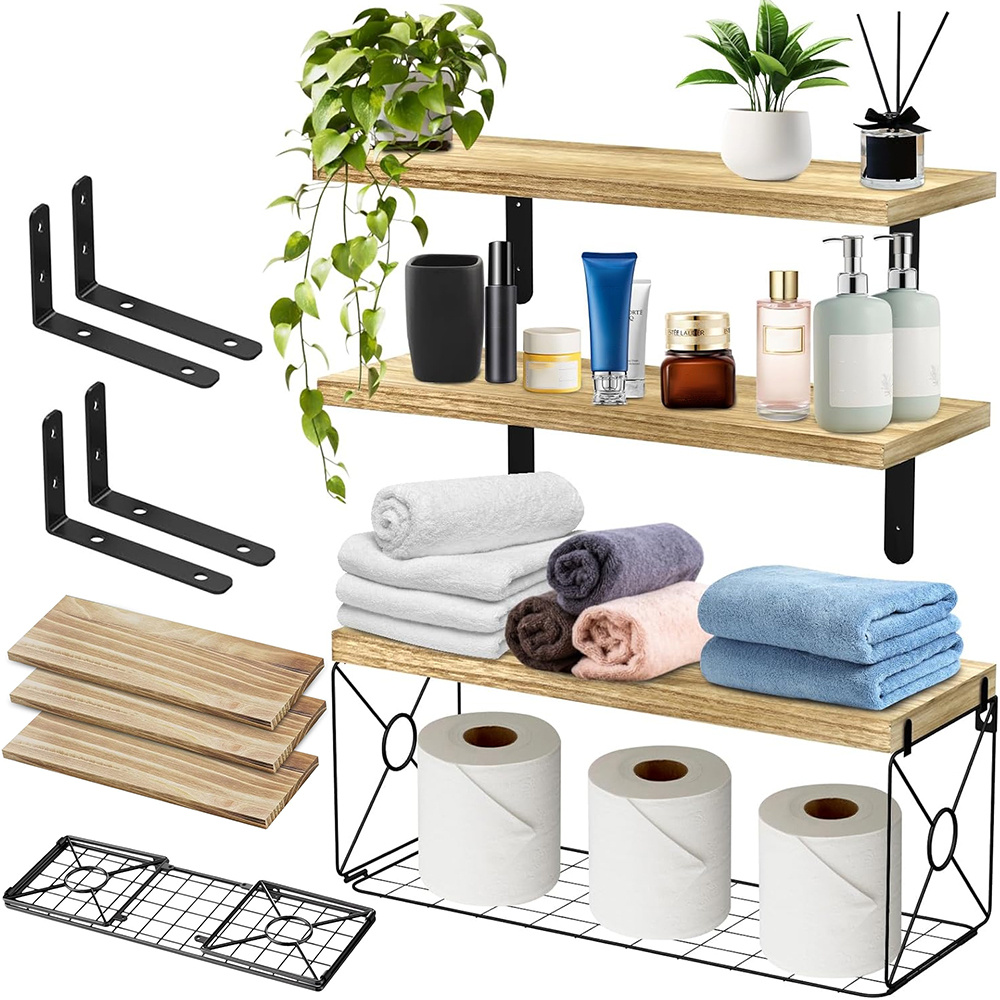 Set Of 3 Wall-mounted Floating Shelves Featuring A Storage Basket, Suitable For The Bathroom, Kitchen, Bedroom, Or Living Room, Utility Racks