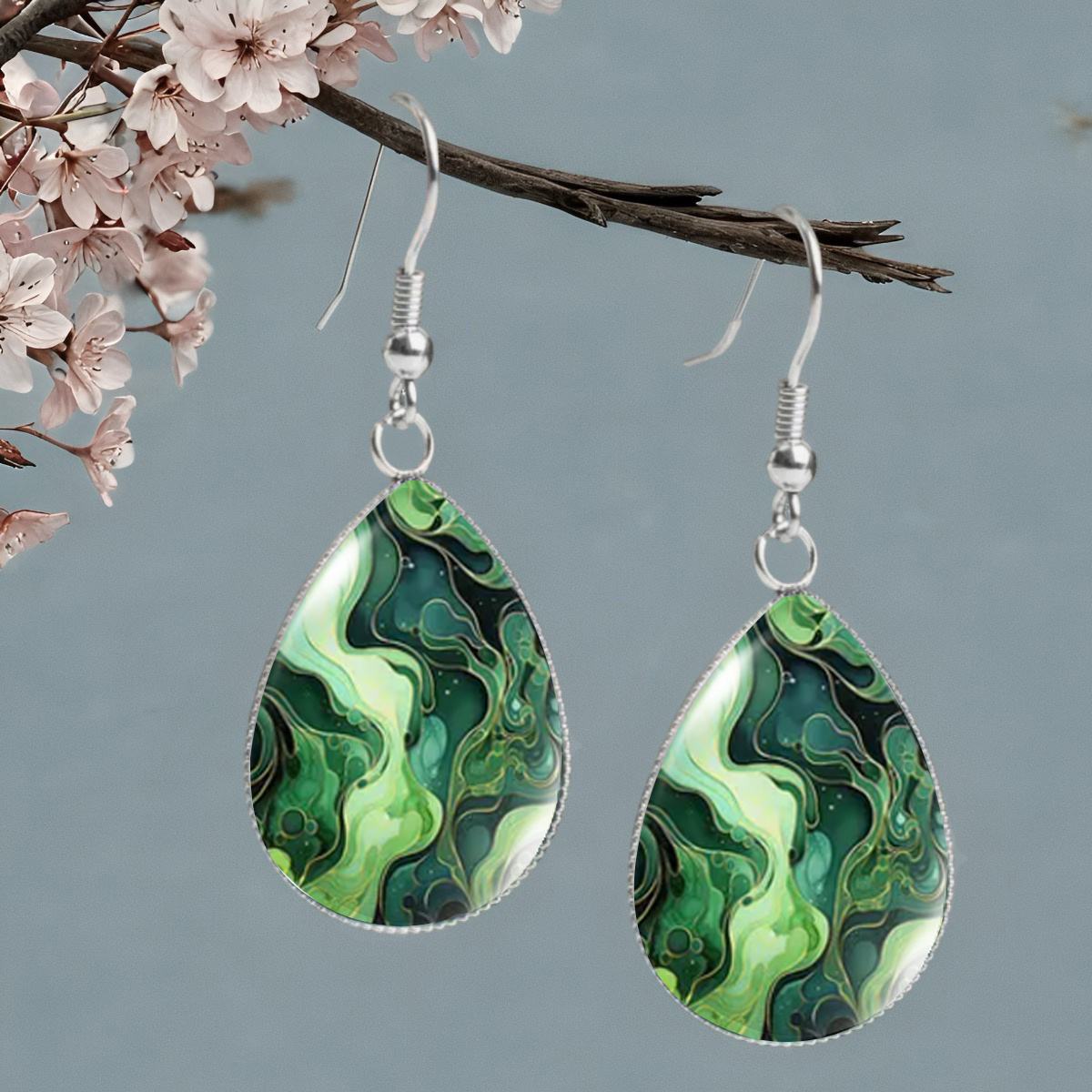E-shop 1 Paar grüne Marmor-Wirbelmuster Ohrringe, natürliches elegantes Unisex-Design für Urlaub oder – perfektes Geburtstags- Feiertagsgeschenk