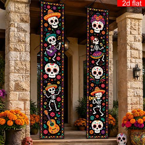imagen del artículo banner 2d , 2d - 2d , 2d - banner 2d , 2 piezas día de muertos banner para puerta principal, , poliéster, con una guitarra, , calavera y flores; para uso en interiores y exteriores, decoración colgante para el