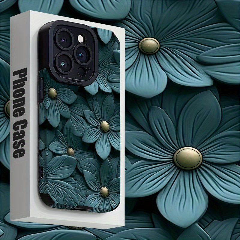 TEMU Phone Case - Blue And Golden Three-dimensional Floral Pattern Phone Case For