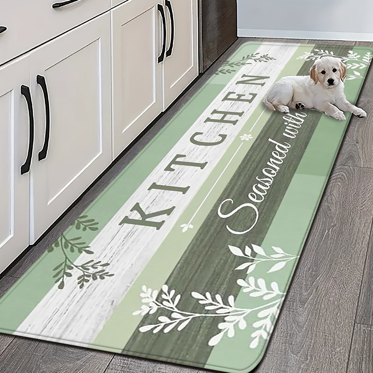 TEMU Kafulam Sage Green Striped Runner Rug Suitable For Indoor/outdoor Use, Non-slip Absorbent Kitchen Hallway With Pvc Backing, Machine Washable