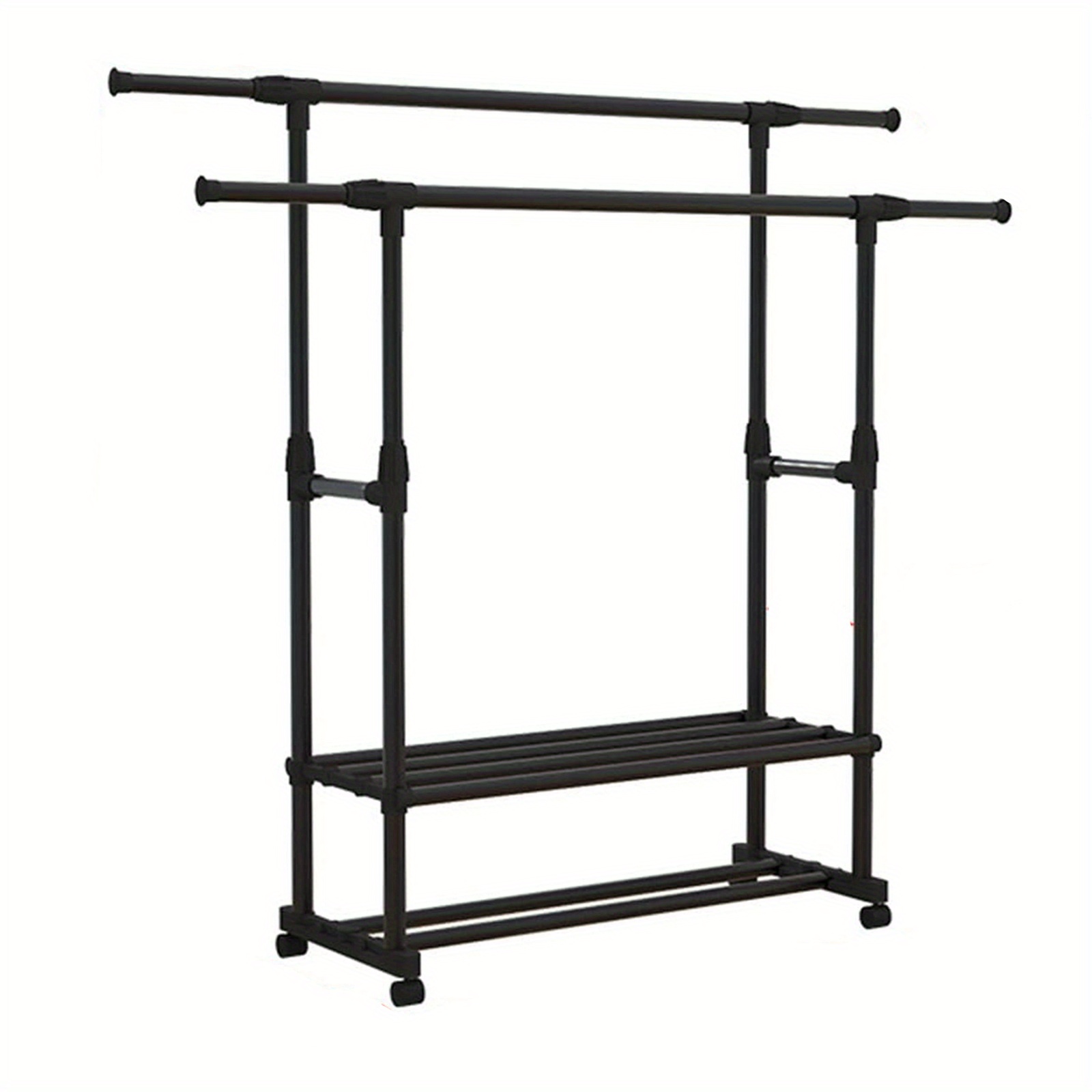 TEMU Adjustable Double Rod Garment Rack With Wheels, Stainless Steel Clothing Organizer, Extendable To 61 Inches, Extra Storage Shelves For Shoes &
