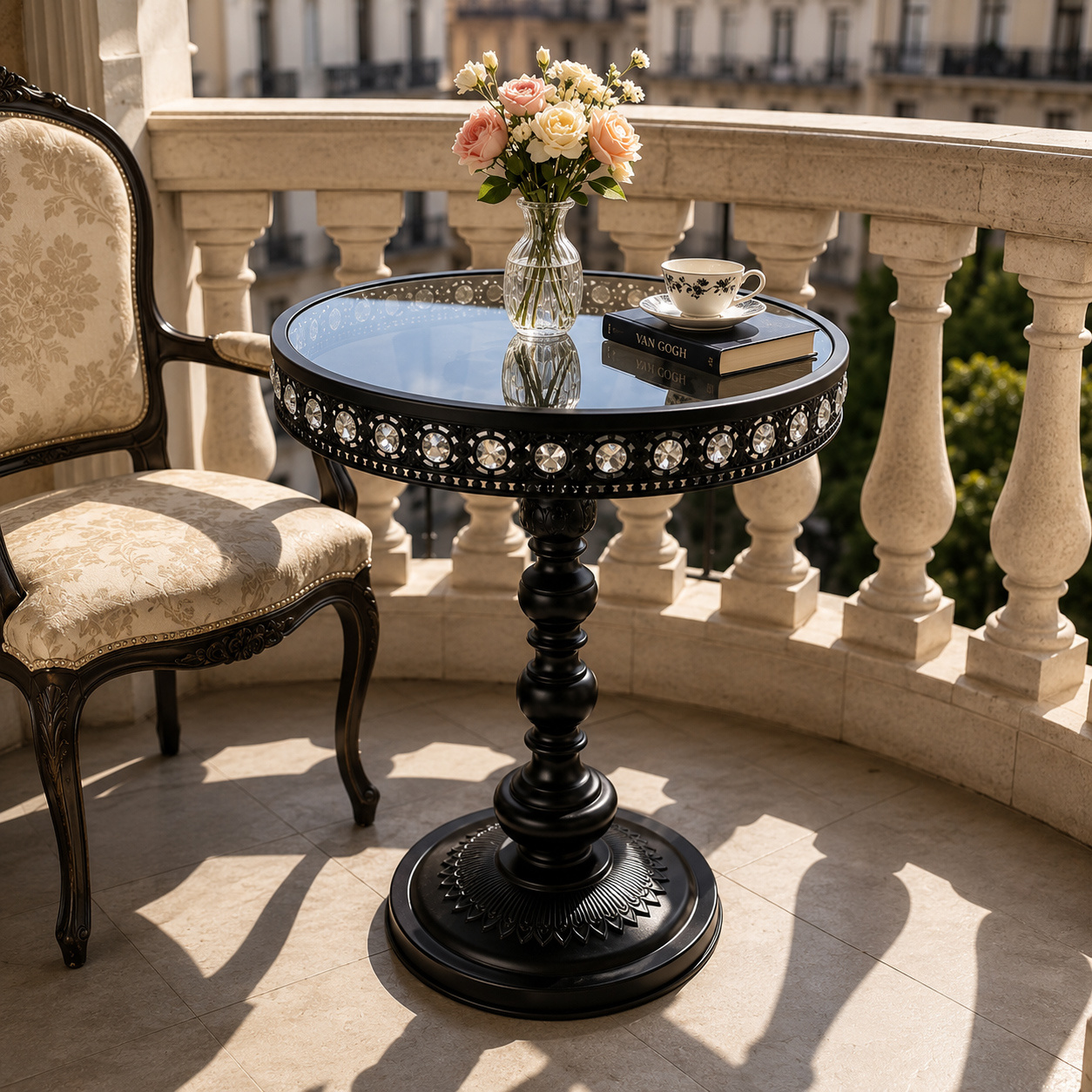 Round Sofa Table With Tempered Glass Top, Elegant Black Metal Accent Table For Entryway, Living Room Corner, Decor Furniture