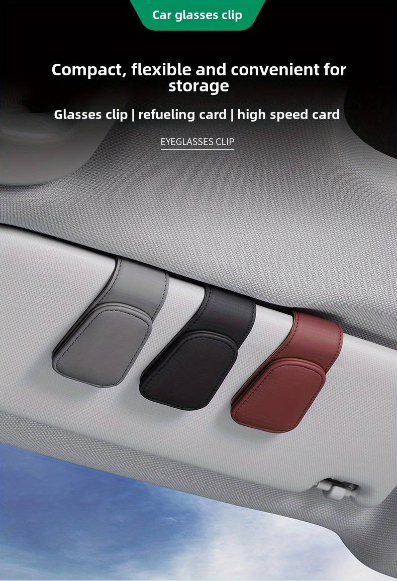 2pcs Magnetic PU Leather Fashion Sun Visor Glasses Holder - with Card Slot, One-Hand Operation, Multiple Colors (Black, Gray, Beige, Red-Brown), Driver's Side Interior Accessory, Stylish Glasses Mount