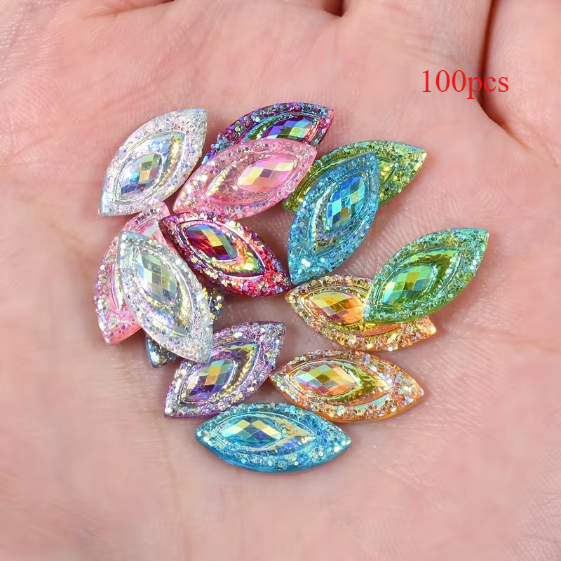 TEMU 100 Stück, 7 * 15mm Pferdeaugenförmige Harz Diamanten, Zufällige Farben, Bunte AB Flachboden Strasssteine, Bunte Harz Diamanten auf