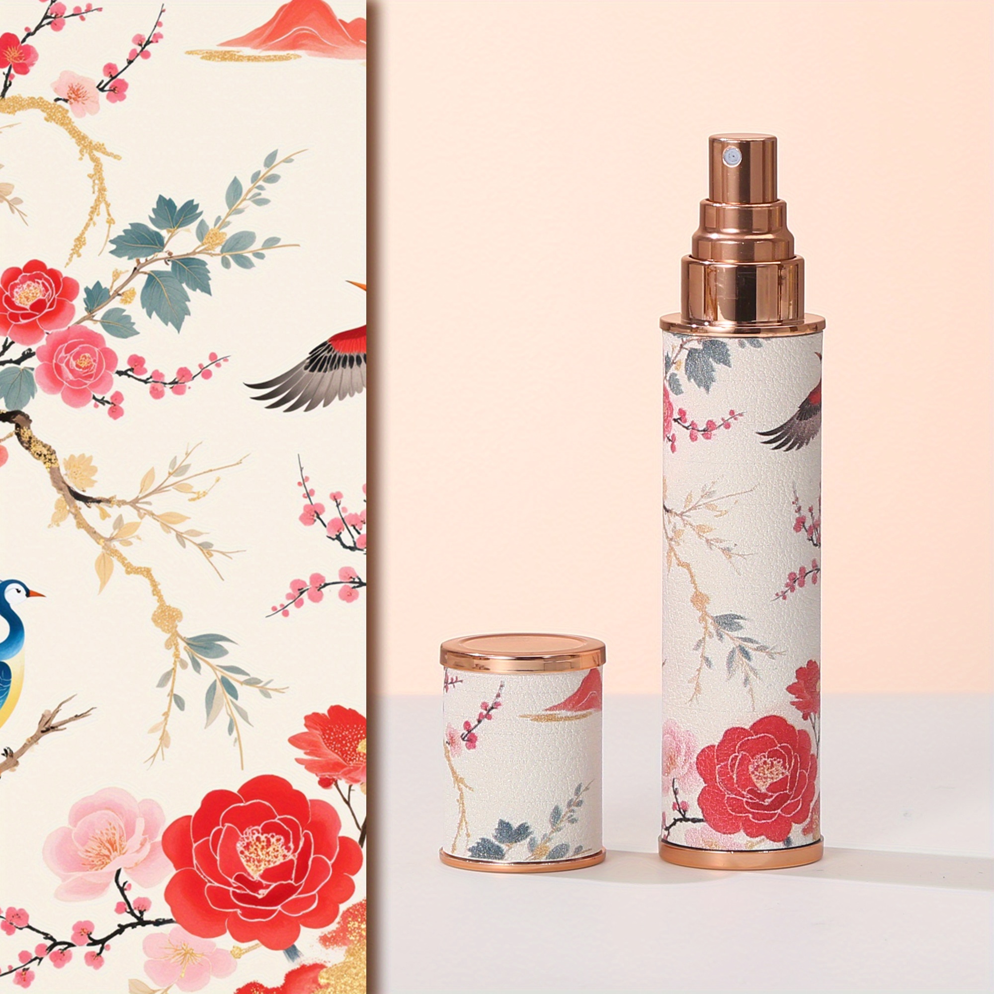 TEMU 10ml Exquisite Leather Perfume Bottle With Floral And Bird Patterns - Portable Spray Bottle, Perfect For Travel And Everyday Use, Elegantly