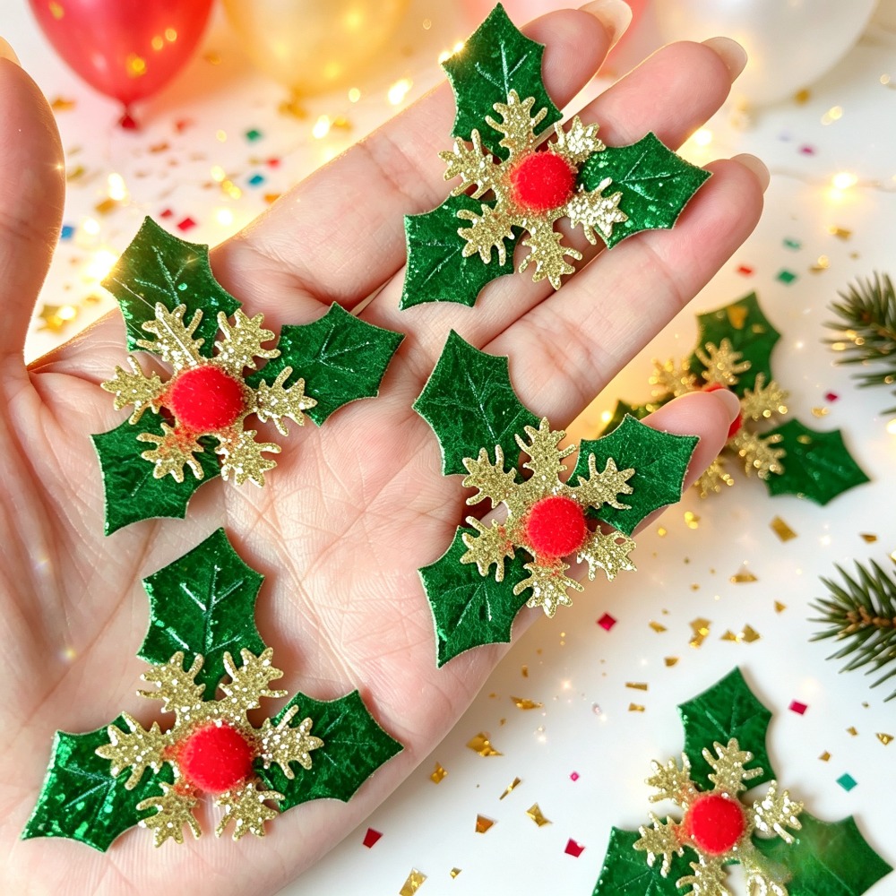 TEMU 15pcs Handmade Christmas Holly Leaves, Golden Snowflakes & Red Hair Balls Suitable For Diy Stickers, Tree Decorations, Accessories - Multicolor